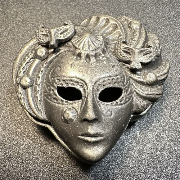 VTG Torino Art Pewter Masquerade Mask Pin Brooch & Earrings Set Trinket Box - Picture 1 of 5